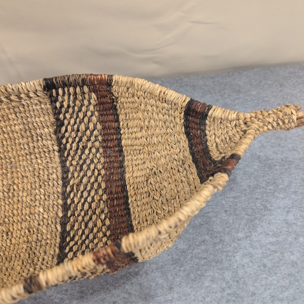 Ethiopian Handwoven Basket Boat Shaped Natural Fiber Striped Brown Tan - Picture 6 of 10